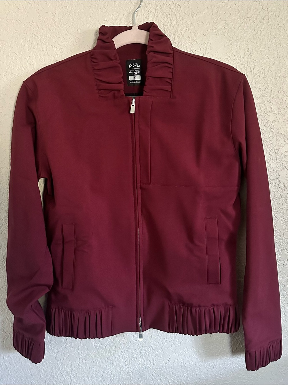 APL Women's Burgundy Ruffled Collar Bomber Jacket - Picture 1 of 8